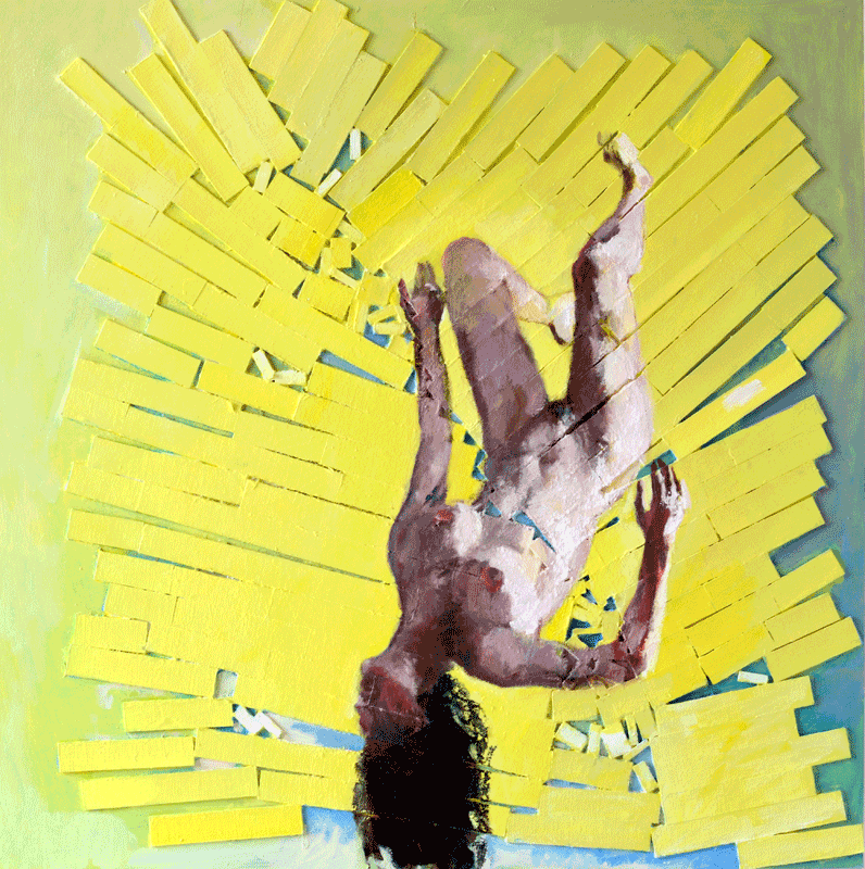 Suspended figure in fragmented explosive yellow universe